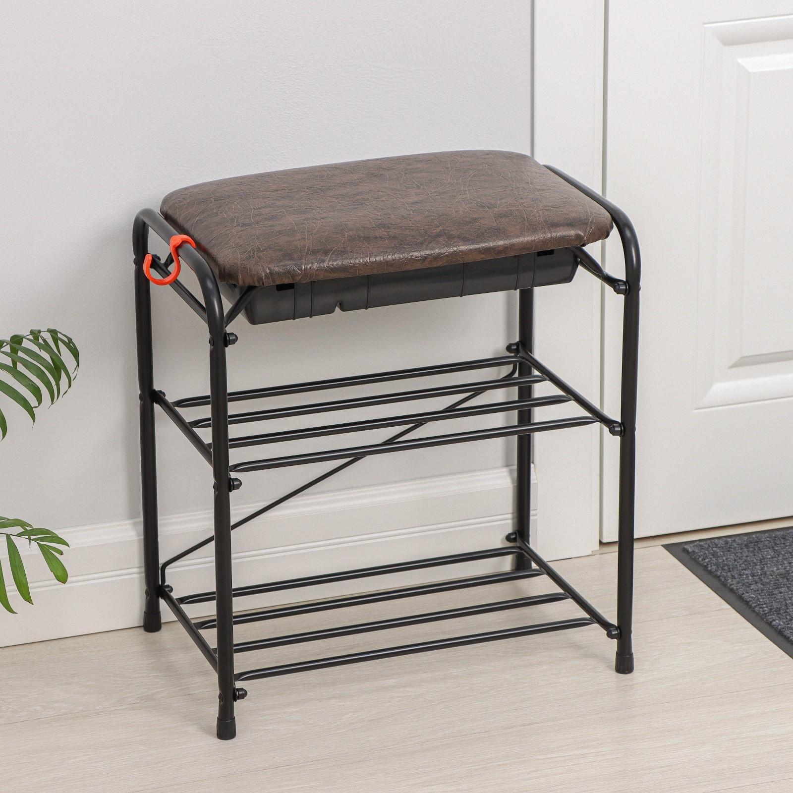 Подставка для обуви с сиденьем и ящиком ЗМИ, 3 яруса, 45×30×48 см, цвет чёрный