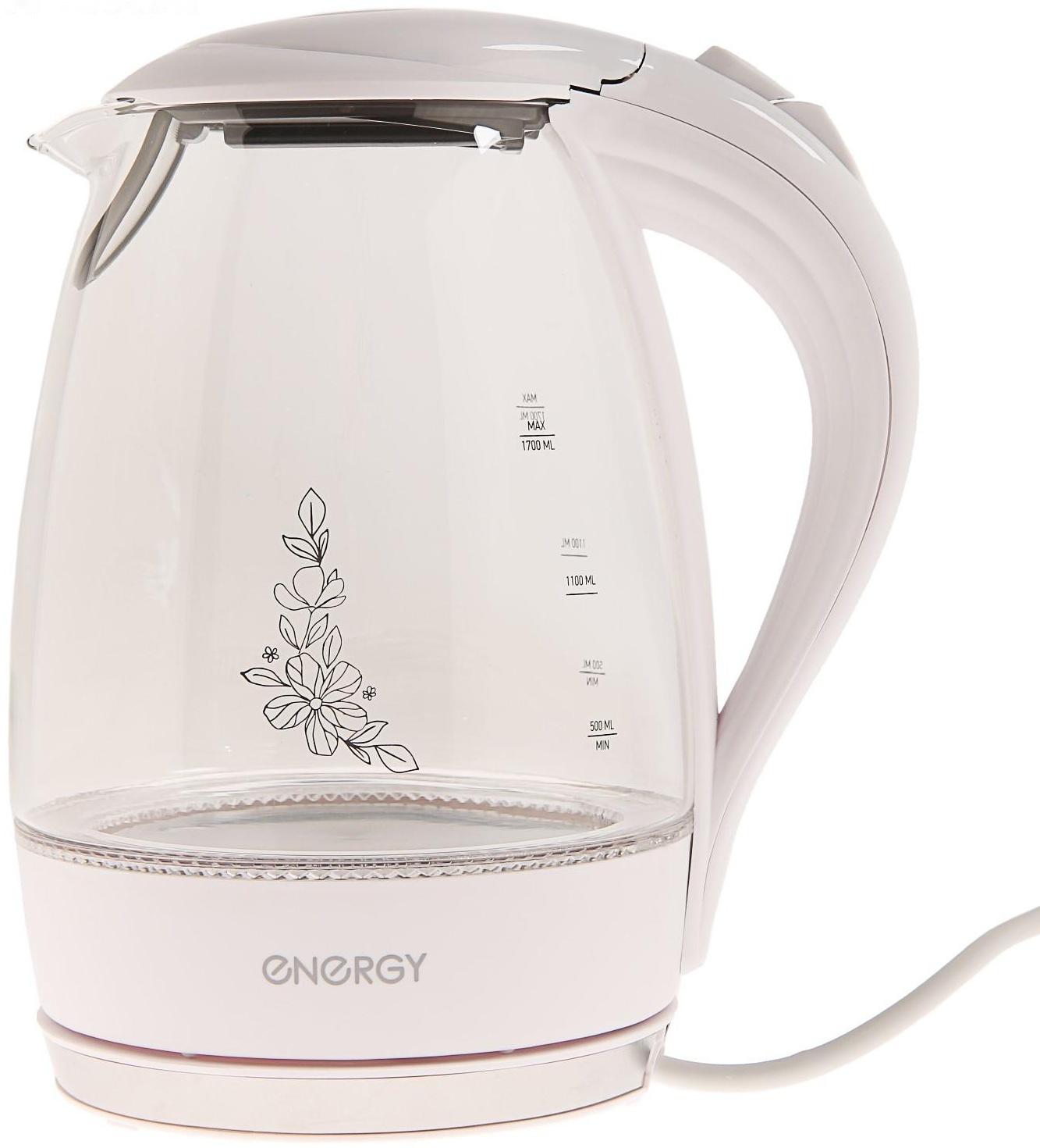 Чайник электрический ENERGY E-262, стекло, 1.7 л, 2200 Вт, белый