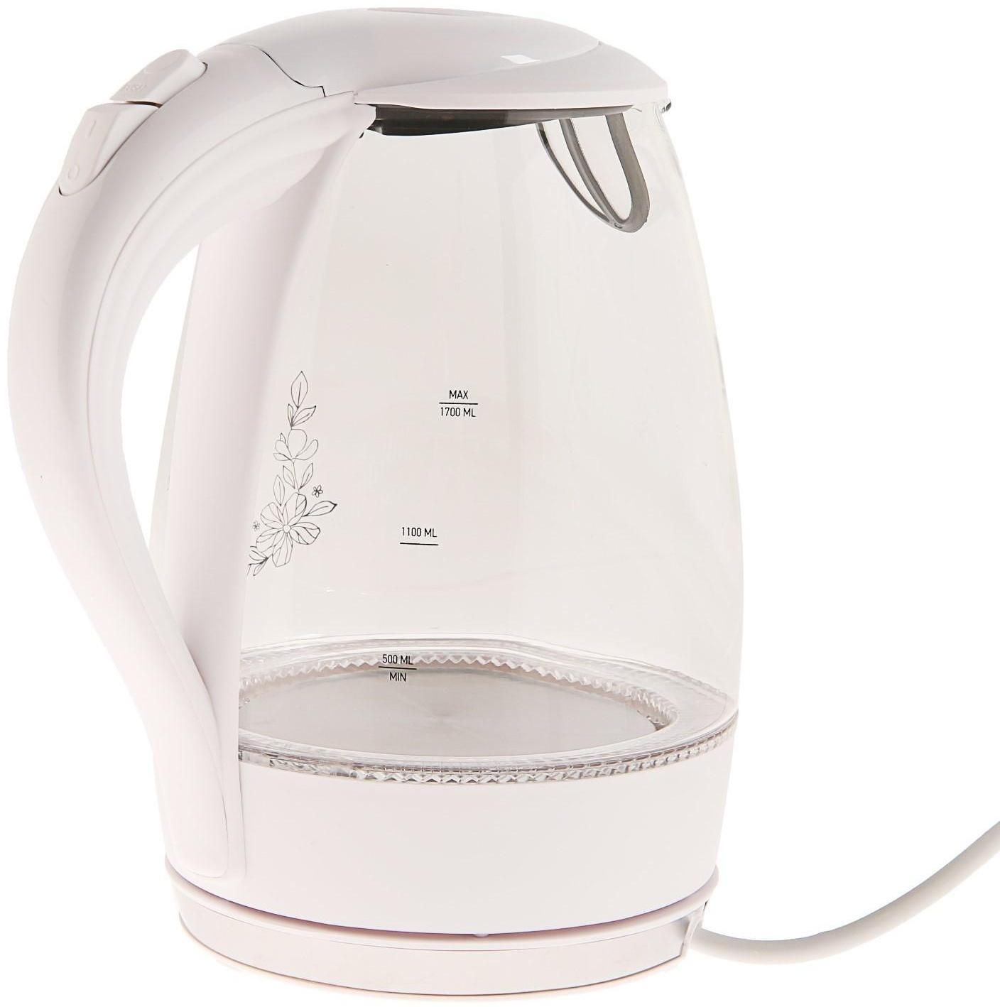 Чайник электрический ENERGY E-262, стекло, 1.7 л, 2200 Вт, белый