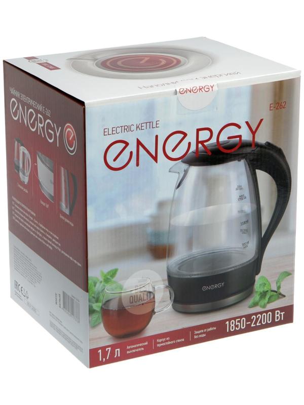 Чайник электрический ENERGY E-262, стекло, 1.7 л, 2200 Вт, белый