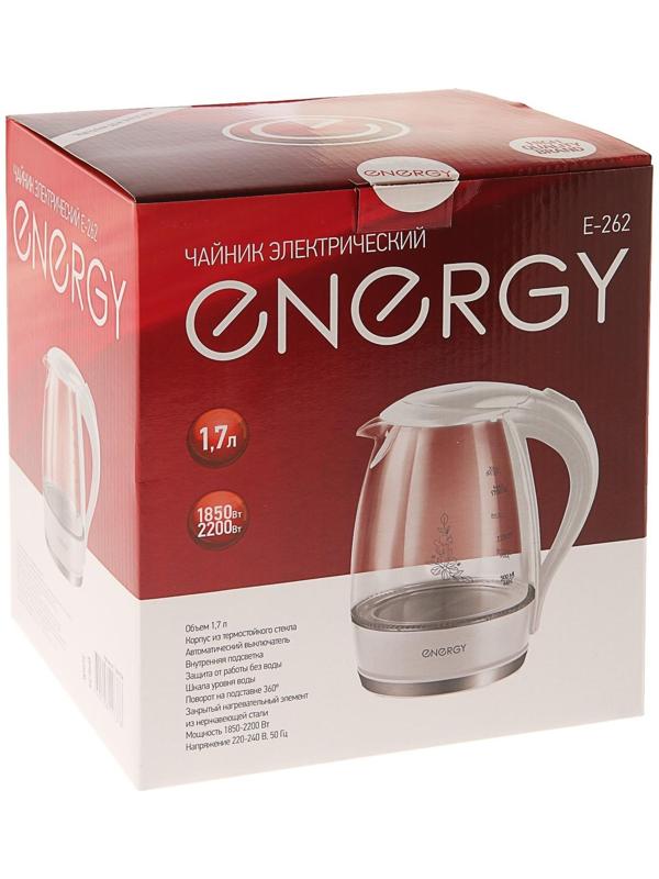 Чайник электрический ENERGY E-262, стекло, 1.7 л, 2200 Вт, белый