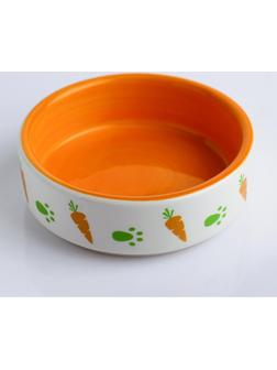 Миска керамическая для грызунов двухцветная с морковками, 100 мл, 8,8х8,8х3 см, оранжево-белая
