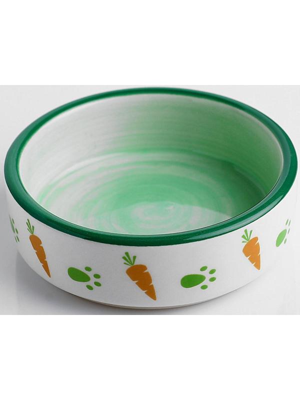 Миска керамическая для грызунов двухцветная с морковками, 100 мл, 8,8х8,8х3 см, зелёно-белая