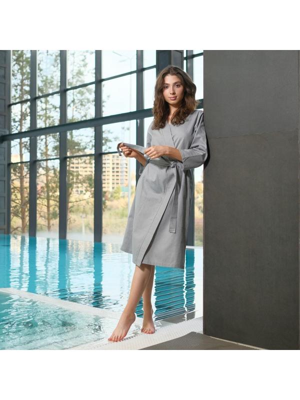 Халат вафельный женский Экономь и Я рукав 3/4, размер 50-52, серый, 100% хлопок, 200г/м2