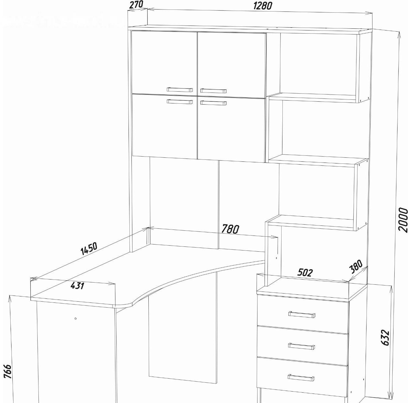 Стол компьютерный №1 Левый, 1280х2000х1450, Венге/Белфорт