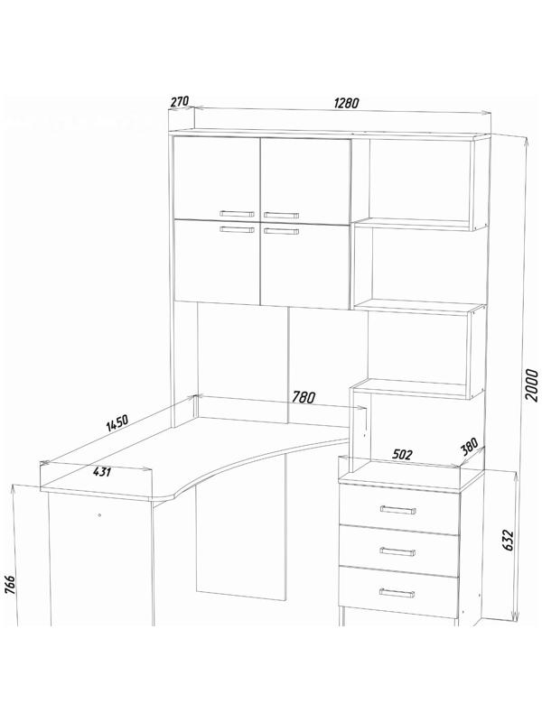 Стол компьютерный №1 Левый, 1280х2000х1450, Венге/Белфорт