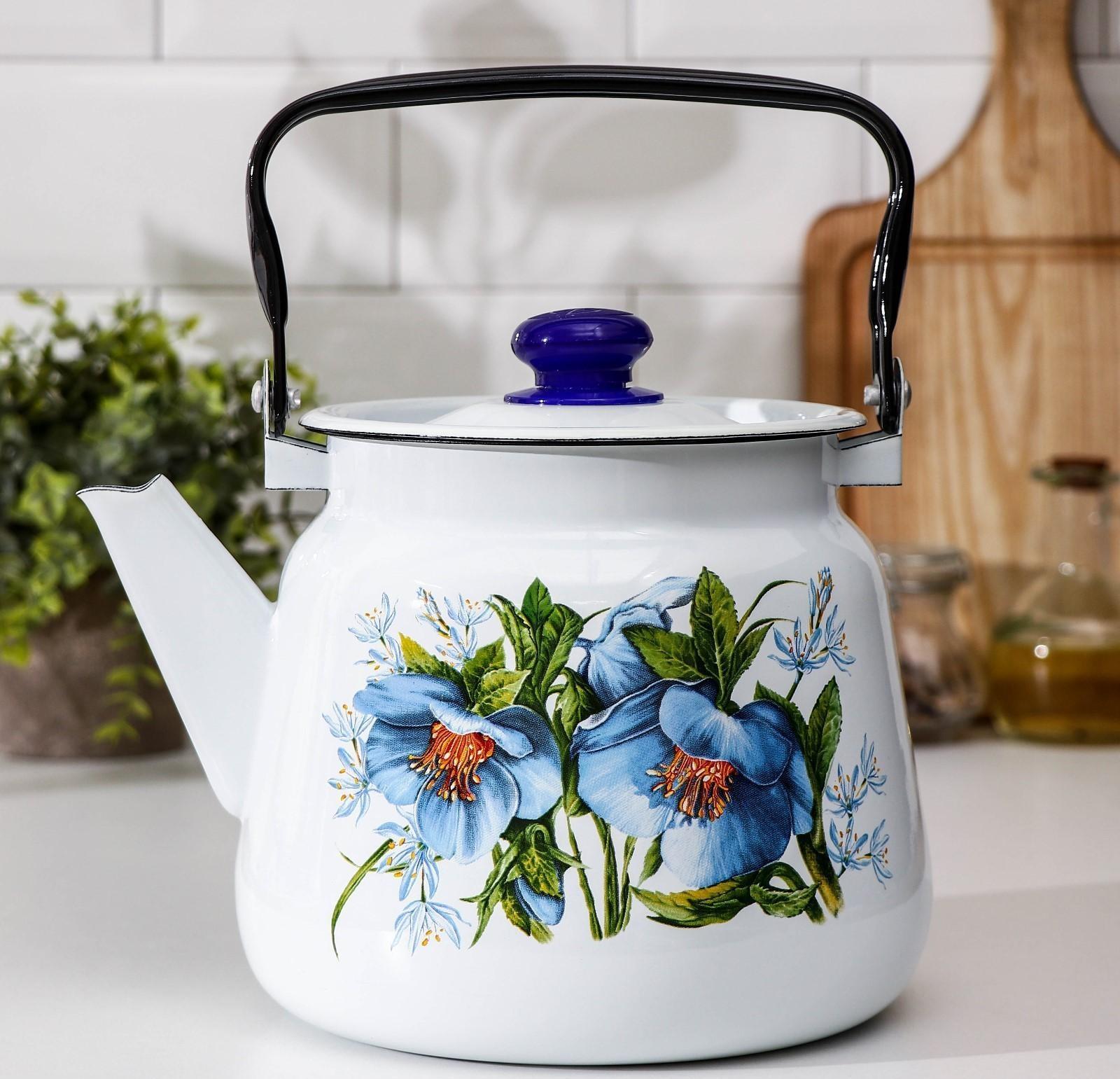 Чайник с кнопкой «Цветы синие», 3,5 л, индукция, цвет белый
