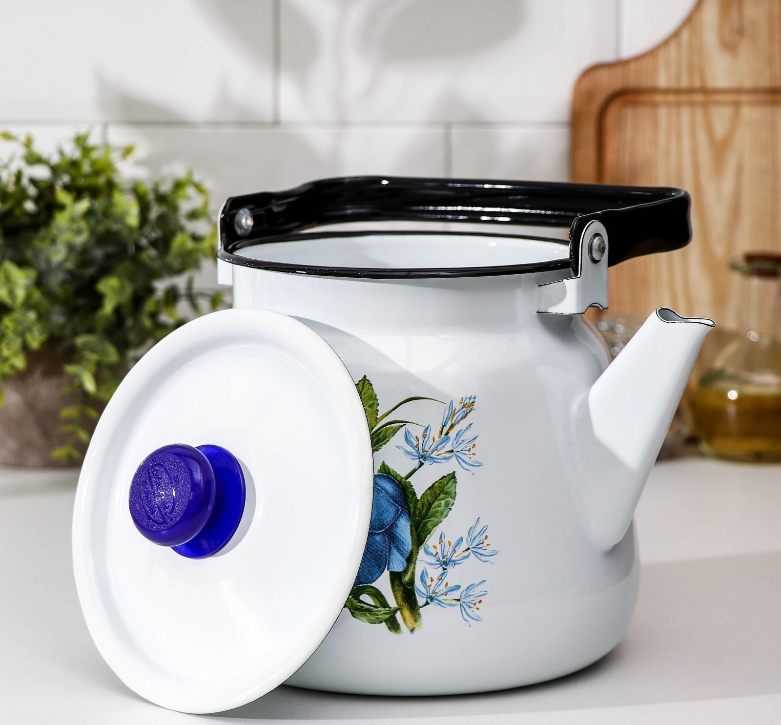 Чайник с кнопкой «Цветы синие», 3,5 л, индукция, цвет белый