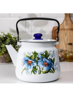 Чайник с кнопкой «Цветы синие», 3,5 л, индукция, цвет белый