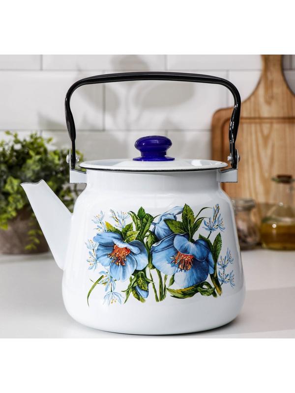 Чайник с кнопкой «Цветы синие», 3,5 л, индукция, цвет белый