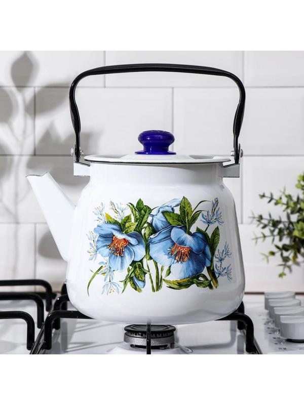 Чайник с кнопкой «Цветы синие», 3,5 л, индукция, цвет белый