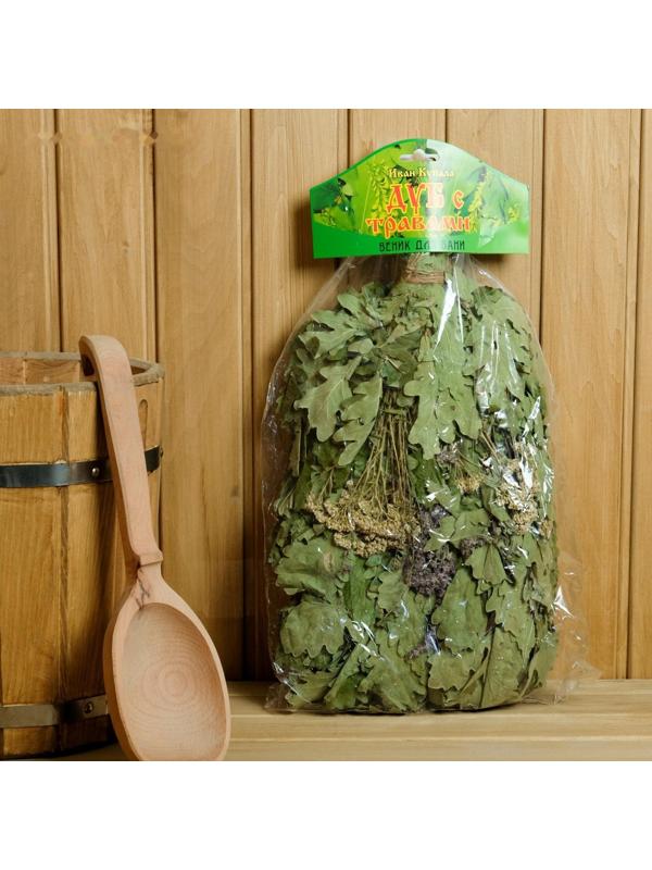 Веник для бани дубовый с букетом трав, в индивидуальной упаковке