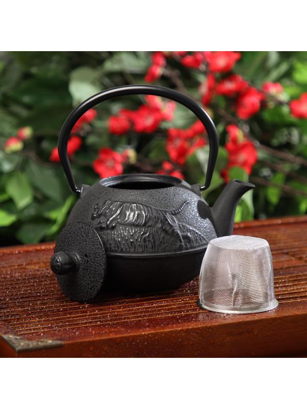 Чайник чугунный Доляна «Чёрный тигр», 700 мл, с ситом, эмалированное покрытие внутри, цвет чёрный