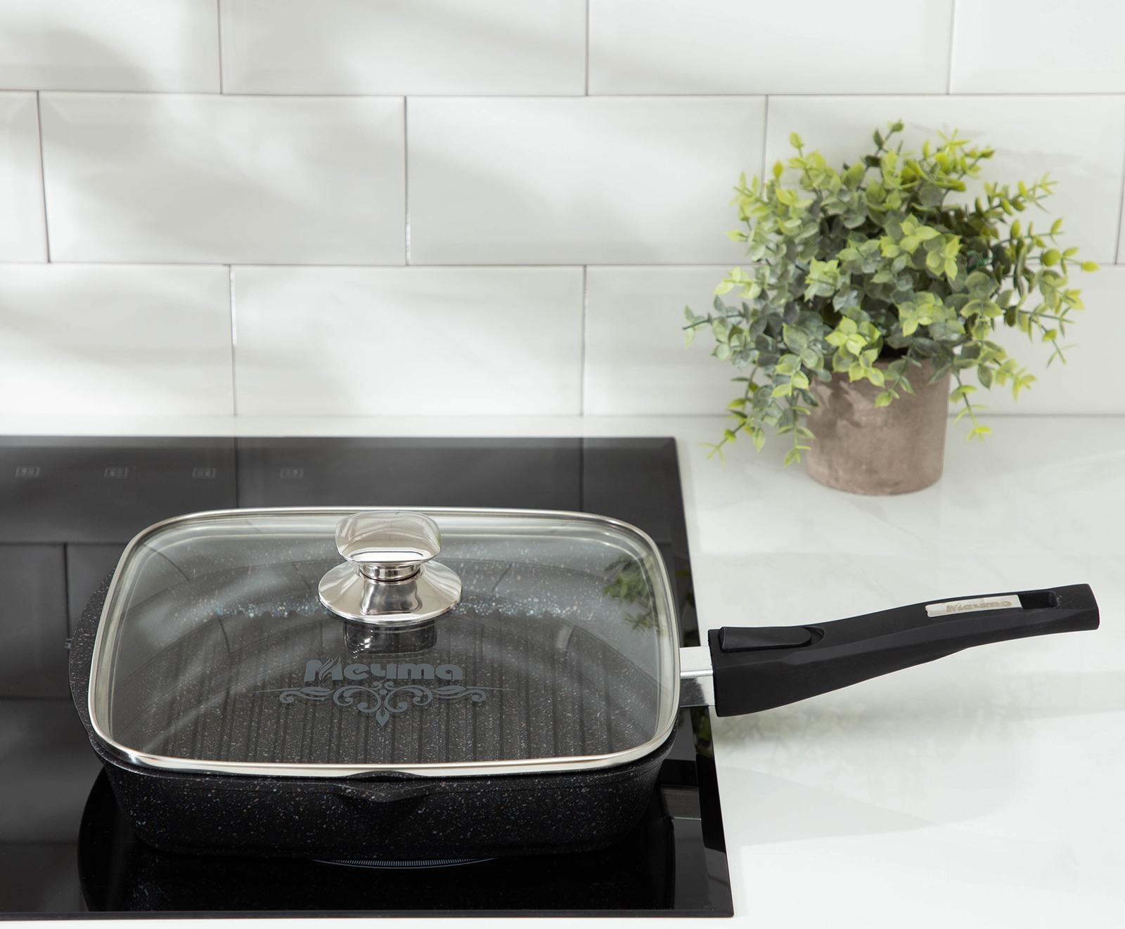 Сковорода-гриль «Гранит», 26×26, съёмная ручка, стеклянная крышка, антипригарное покрытие, цвет чёрный