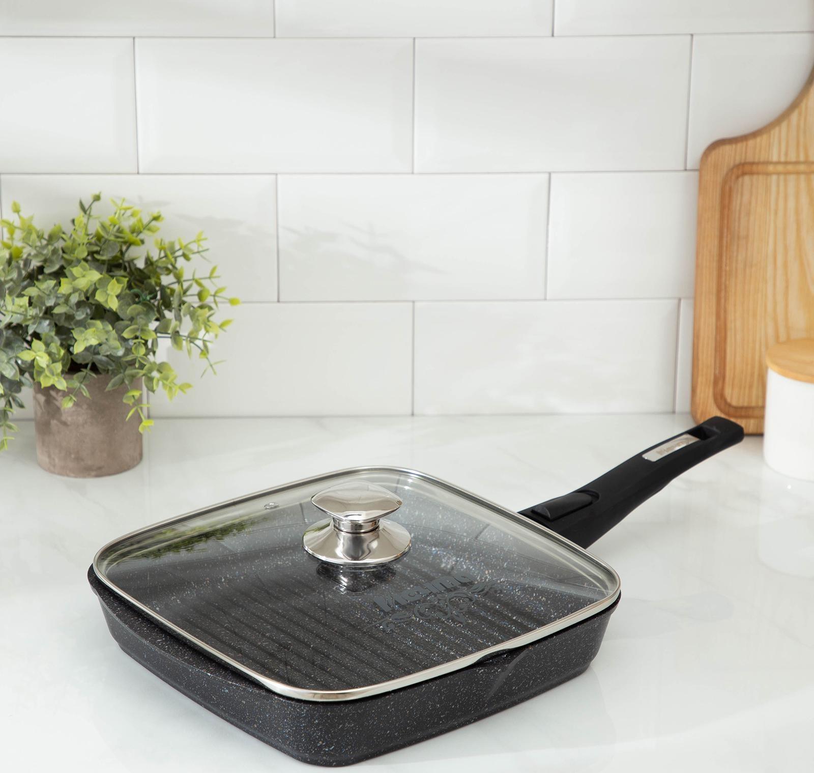 Сковорода-гриль «Гранит», 26×26, съёмная ручка, стеклянная крышка, антипригарное покрытие, цвет чёрный