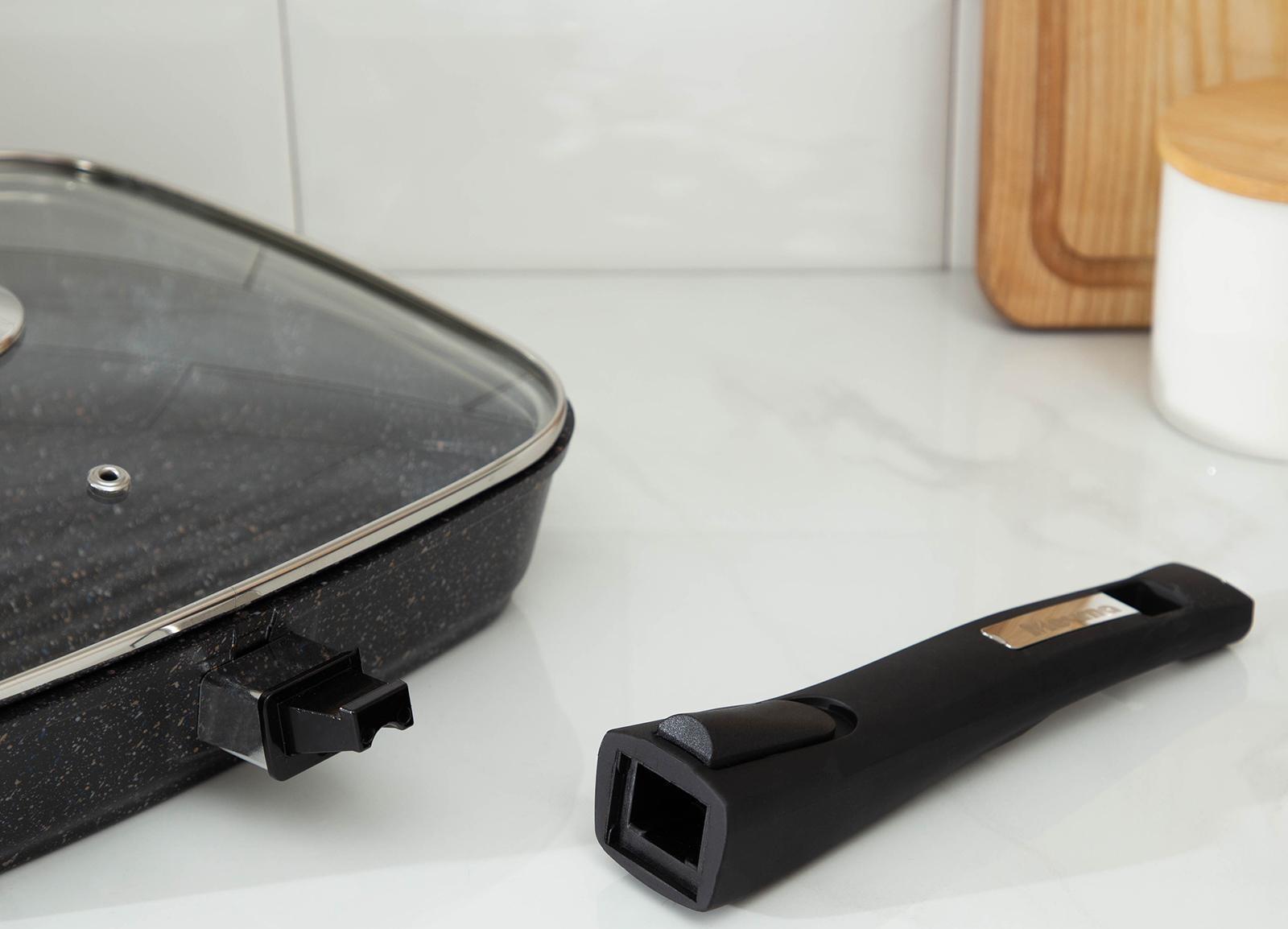 Сковорода-гриль «Гранит», 26×26, съёмная ручка, стеклянная крышка, антипригарное покрытие, цвет чёрный