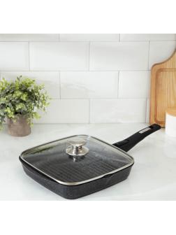 Сковорода-гриль «Гранит», 26×26, съёмная ручка, стеклянная крышка, антипригарное покрытие, цвет чёрный