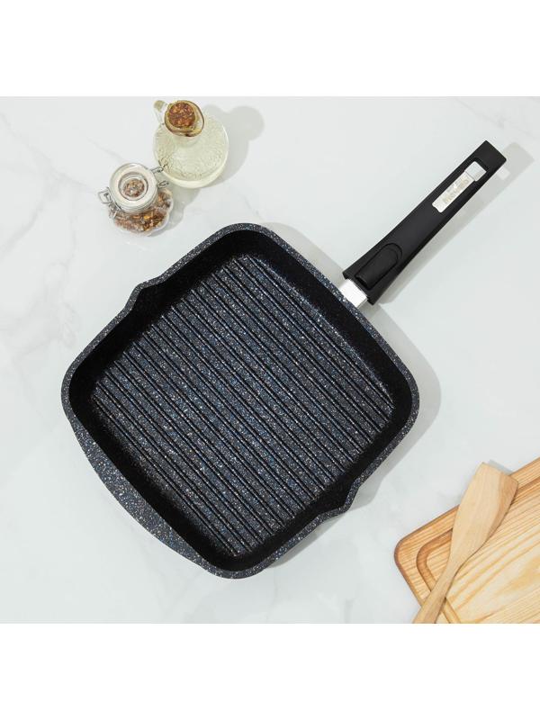 Сковорода-гриль «Гранит», 26×26, съёмная ручка, стеклянная крышка, антипригарное покрытие, цвет чёрный