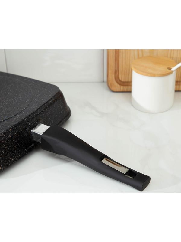 Сковорода-гриль «Гранит», 26×26, съёмная ручка, стеклянная крышка, антипригарное покрытие, цвет чёрный