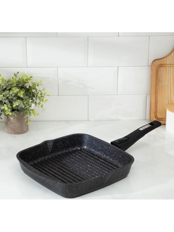 Сковорода-гриль «Гранит», 26×26, съёмная ручка, стеклянная крышка, антипригарное покрытие, цвет чёрный