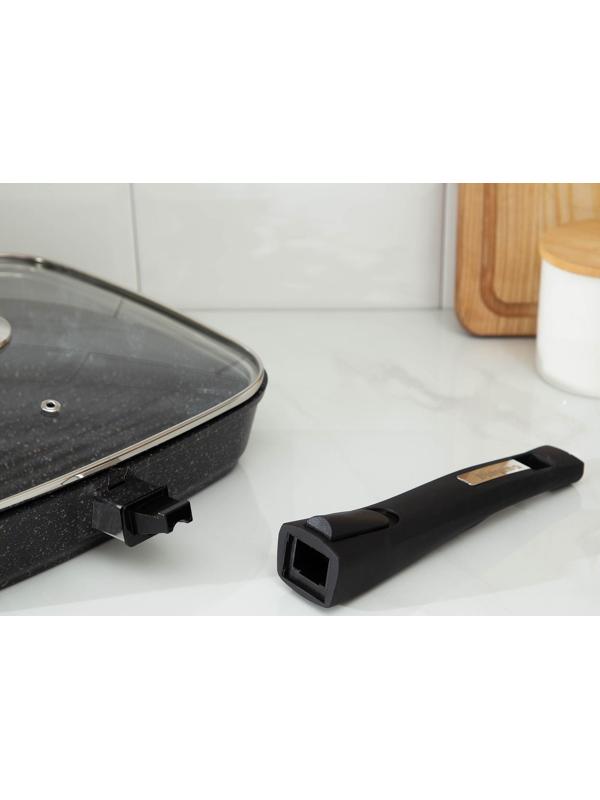 Сковорода-гриль «Гранит», 26×26, съёмная ручка, стеклянная крышка, антипригарное покрытие, цвет чёрный