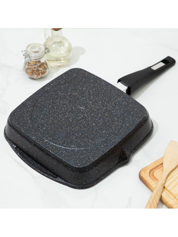 Сковорода-гриль «Гранит», 26×26, съёмная ручка, стеклянная крышка, антипригарное покрытие, цвет чёрный