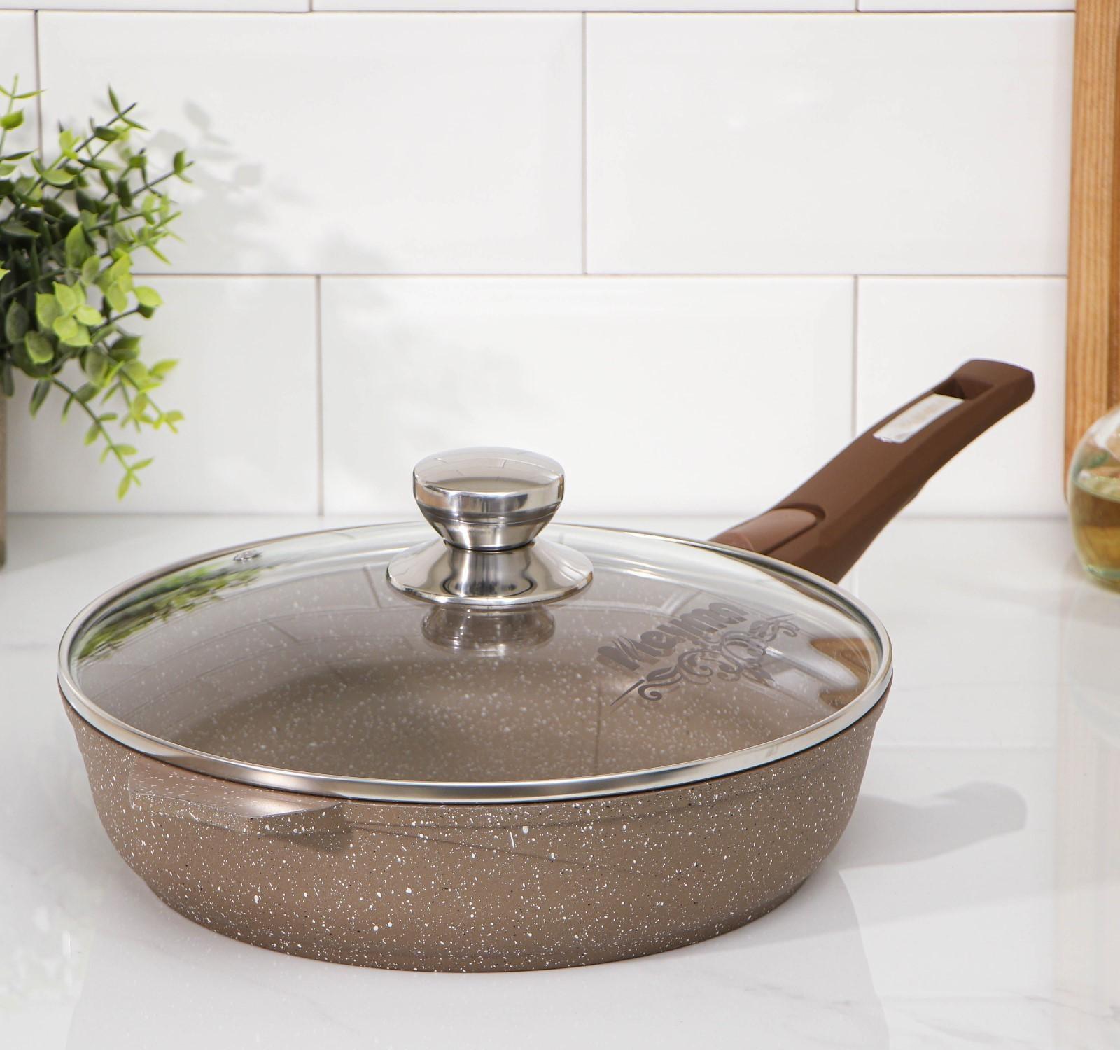 Сковорода «Гранит», d=26 см, съёмная ручка, стеклянная крышка, антипригарное покрытие, цвет коричневый