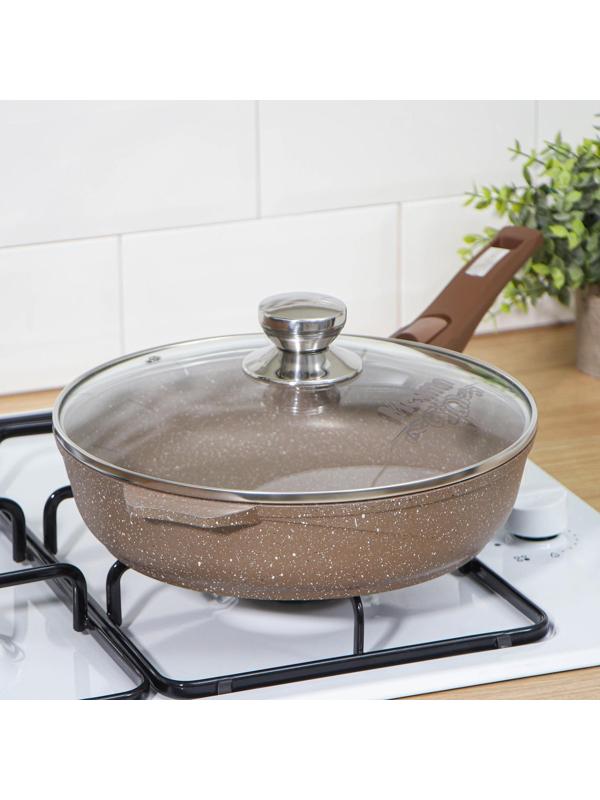 Сковорода «Гранит», d=26 см, съёмная ручка, стеклянная крышка, антипригарное покрытие, цвет коричневый