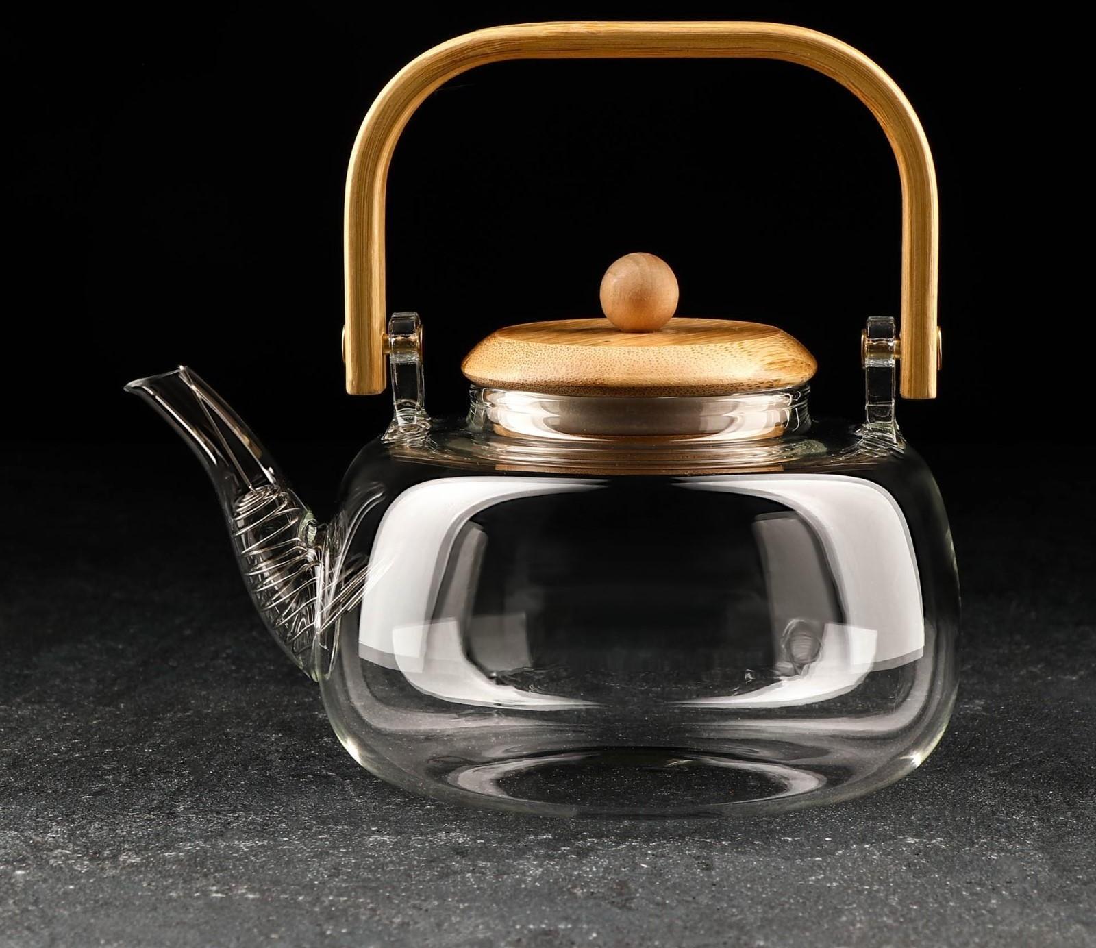 Чайник стеклянный заварочный с бамбуковой крышкой и металлическим фильтром «Эко. Бабл», 800 мл, 18×13,5×12,5 см