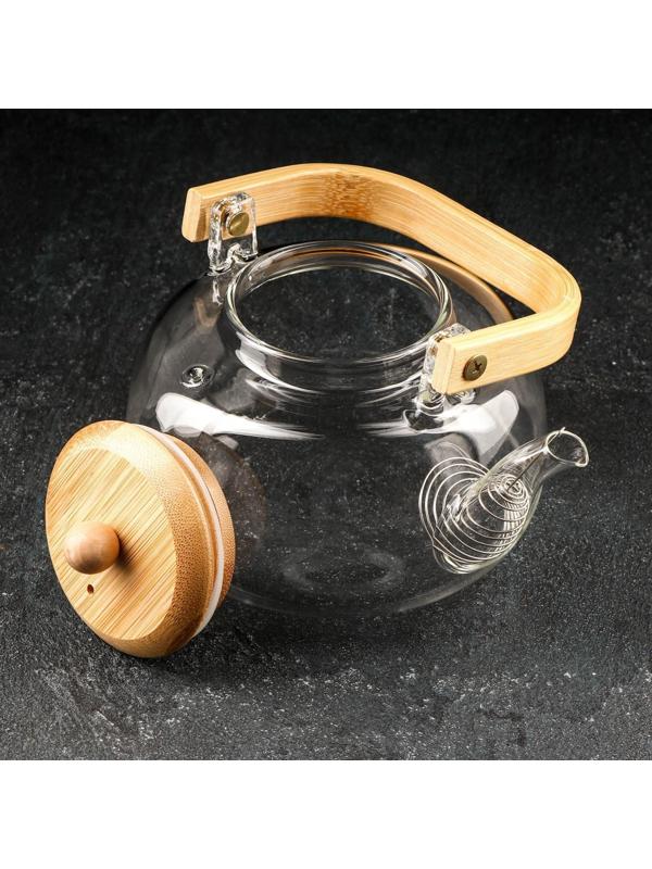 Чайник стеклянный заварочный с бамбуковой крышкой и металлическим фильтром «Эко. Бабл», 800 мл, 18×13,5×12,5 см