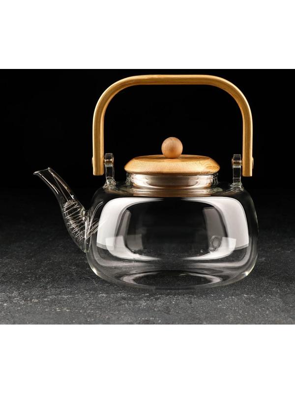 Чайник стеклянный заварочный с бамбуковой крышкой и металлическим фильтром «Эко. Бабл», 800 мл, 18×13,5×12,5 см