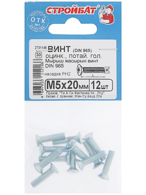 Винт DIN 965, M5 x 20 мм, оцинкованный с потайной головкой, 12 шт.
