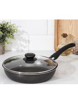 Сковорода «Классика атлас», d=24 см, пластиковая ручка, стеклянная крышка, антипригарное покрытие, цвет чёрный