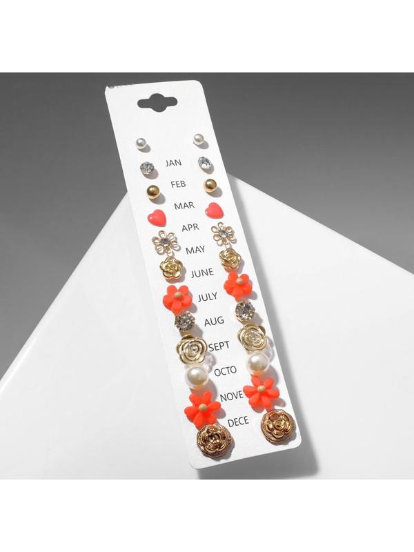 Пусеты 12 пар One year, цветное ассорти, цвет бело-розовый в золоте