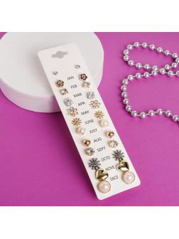 Пусеты 12 пар One year, цветочное настроение, цвет белый в золоте