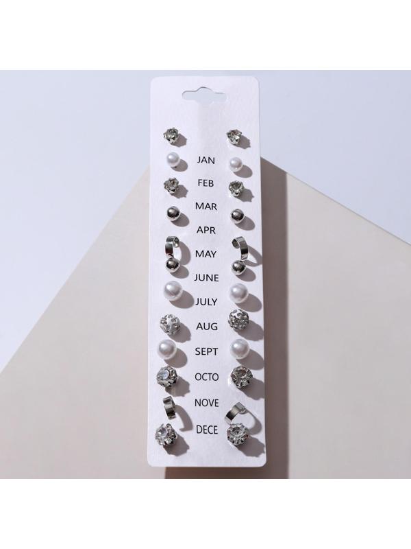 Пусеты 12 пар One year, строгий стиль, цвет белый в серебре