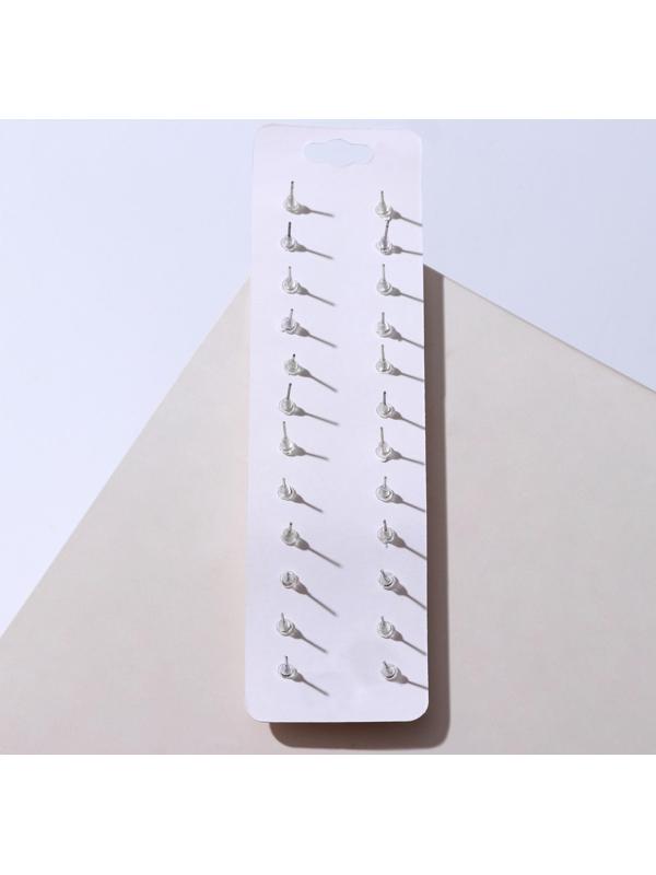 Пусеты 12 пар One year, строгий стиль, цвет белый в серебре