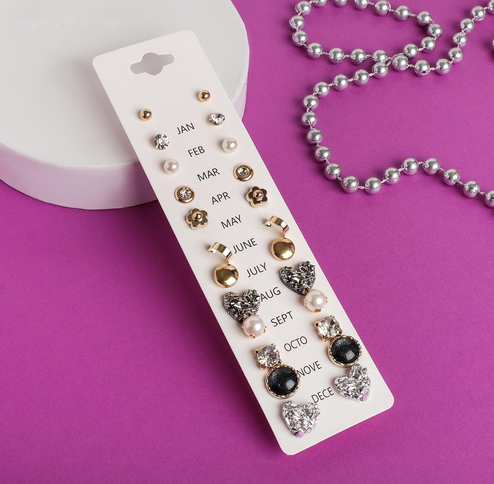 Пусеты 12 пар One year, сердцем к сердцу, цвет цветные в золоте