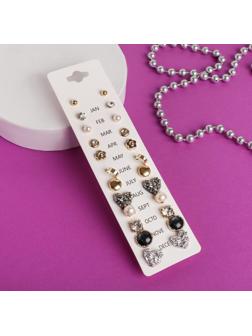 Пусеты 12 пар One year, сердцем к сердцу, цвет цветные в золоте