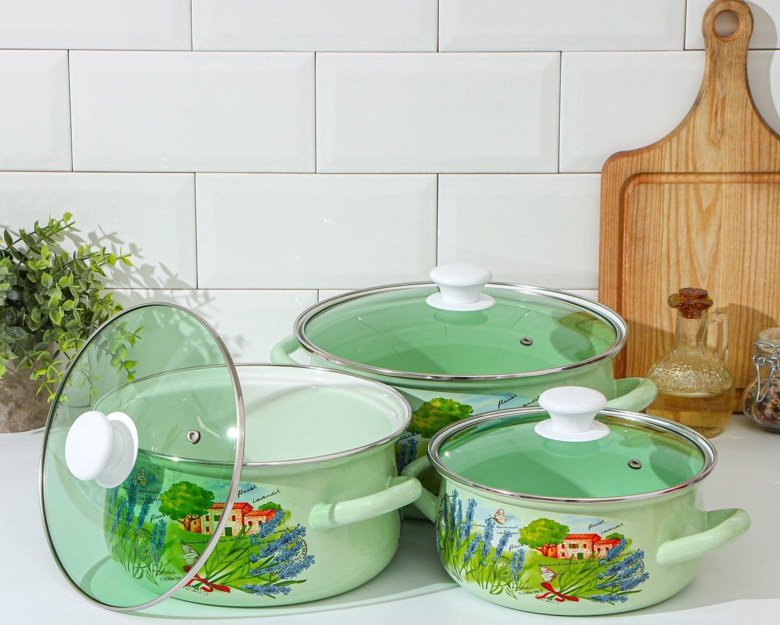Набор кастрюль «Тоскана», 3 предмета: 2 л, 3 л, 4 л, крышки, индукция, цвет зелёный