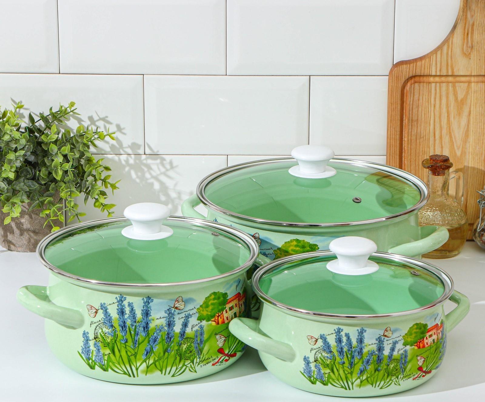 Набор кастрюль «Тоскана», 3 предмета: 2 л, 3 л, 4 л, крышки, индукция, цвет зелёный
