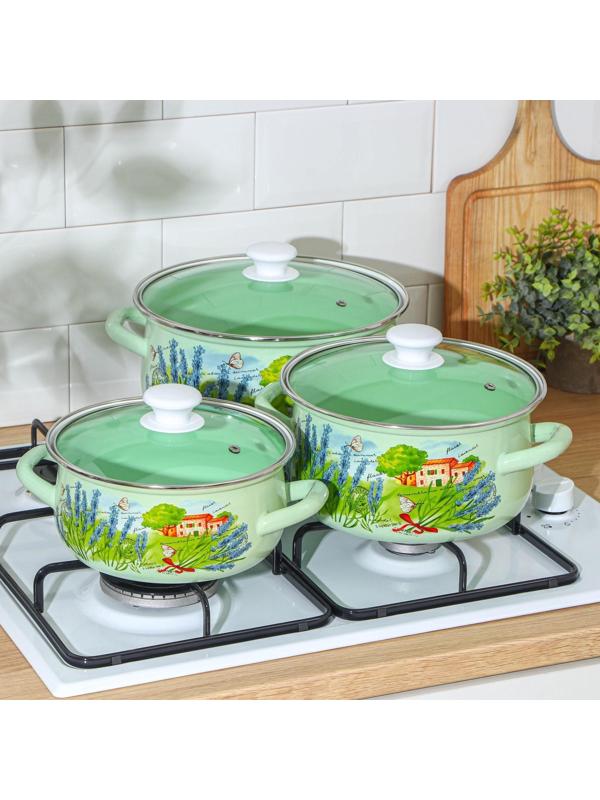 Набор кастрюль «Тоскана», 3 предмета: 2 л, 3 л, 4 л, крышки, индукция, цвет зелёный
