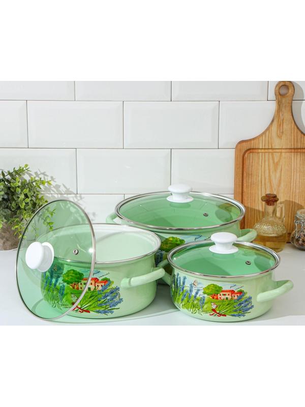 Набор кастрюль «Тоскана», 3 предмета: 2 л, 3 л, 4 л, крышки, индукция, цвет зелёный