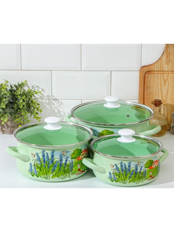 Набор кастрюль «Тоскана», 3 предмета: 2 л, 3 л, 4 л, крышки, индукция, цвет зелёный