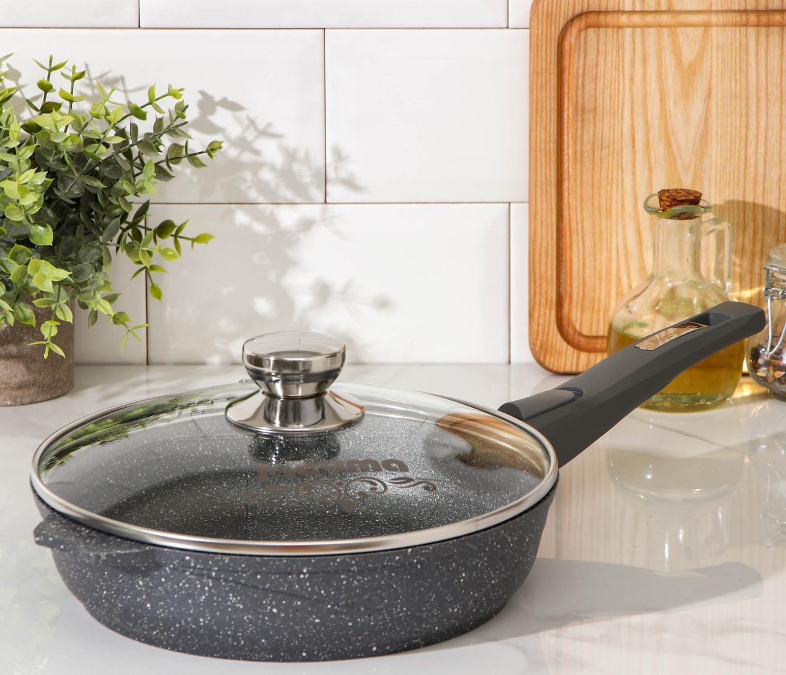 Сковорода «Гранит», d=24 см, съёмная ручка, антипригарное покрытие, стеклянная крышка, цвет серый