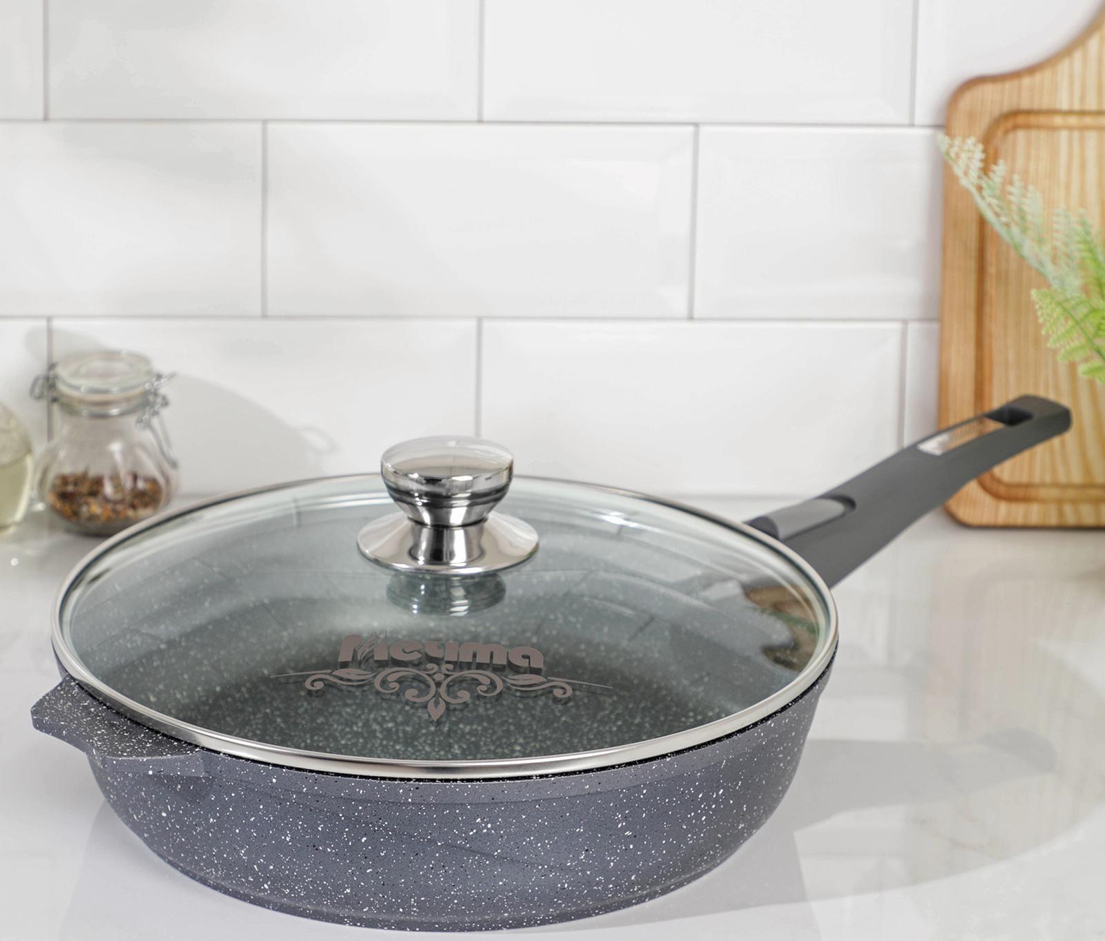 Сковорода «Гранит», d=28 см, съёмная ручка, антипригарное покрытие, съёмная ручка, стеклянная крышка, цвет серый