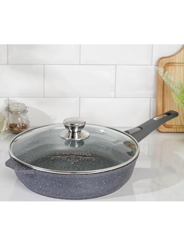 Сковорода «Гранит», d=28 см, съёмная ручка, антипригарное покрытие, съёмная ручка, стеклянная крышка, цвет серый