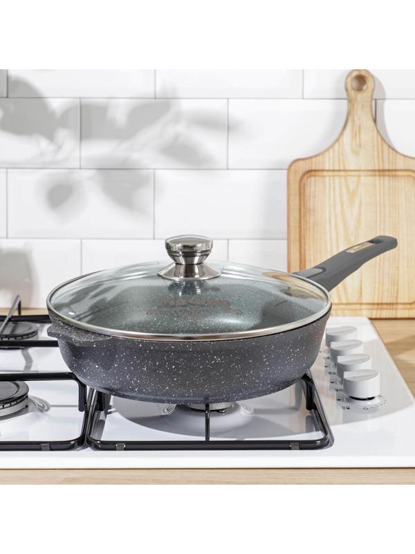 Сковорода «Гранит», d=28 см, съёмная ручка, антипригарное покрытие, съёмная ручка, стеклянная крышка, цвет серый