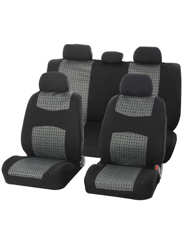 Авточехлы универсальные Nova Bright, черные с серыми вставками, жаккард, 11 предметов