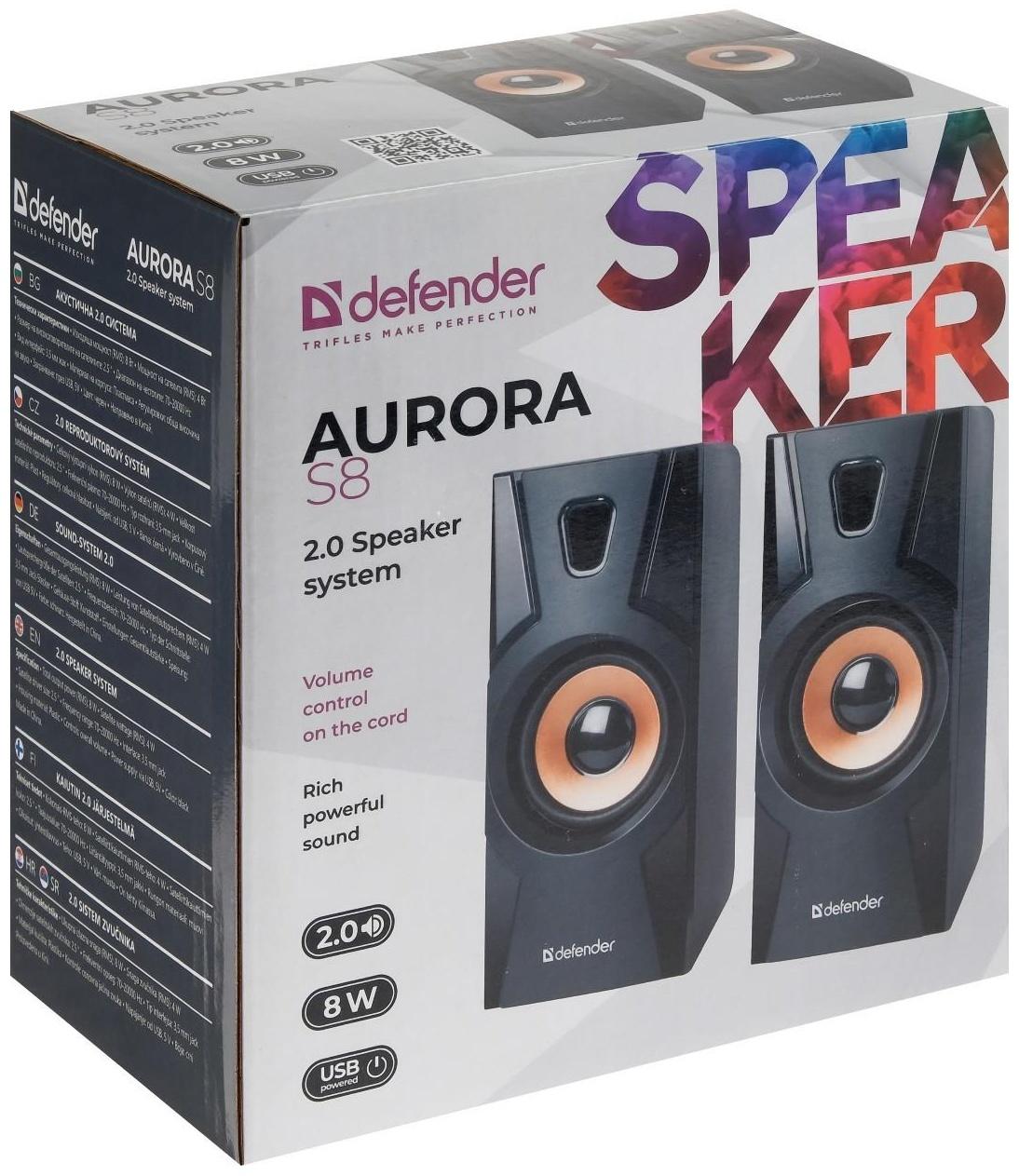 Компьютерные колонки 2.0 Defender Aurora S8, 2х4 Вт, USB, чёрные